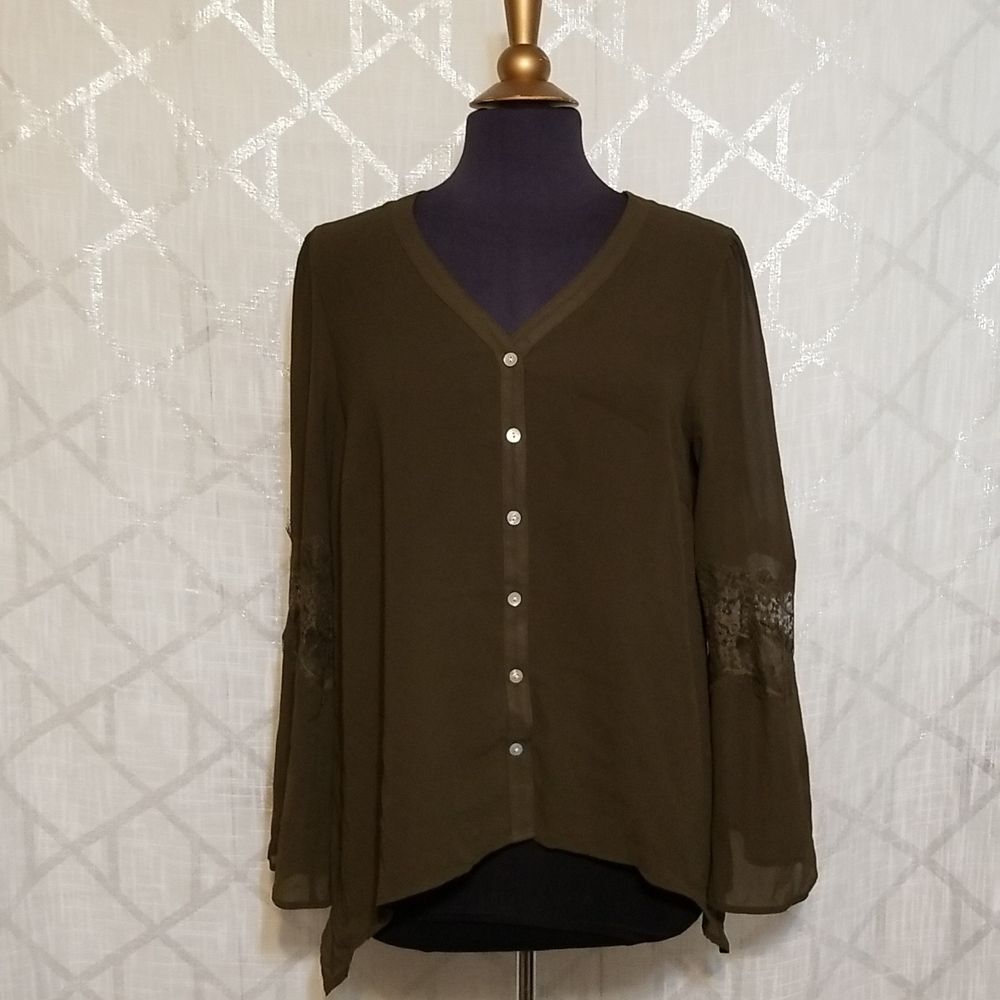 Noelle Bell Sleeve Top Blouse Size S/M (8/10) Green Semi Sheer Witchy Whimsygoth